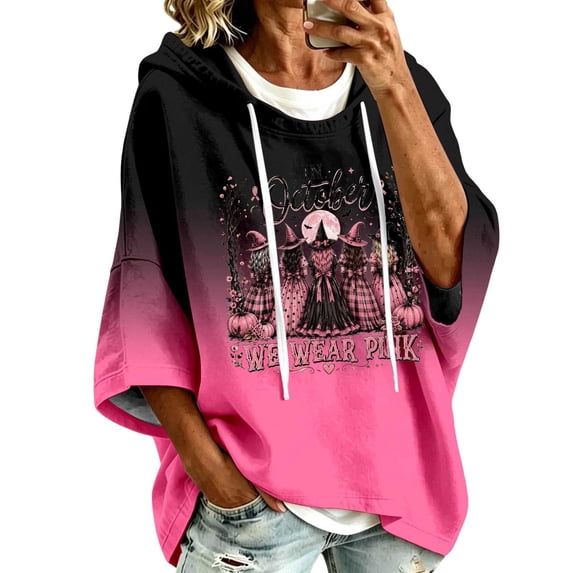 Arlun Women's Cancer Halloween Witch Print Hoodies in October We Wear Pink Hooded Sweatshirts Fall Oversized 3/4 Sleeve Loose Drop Shoulder Gradient Color Pullover Top
