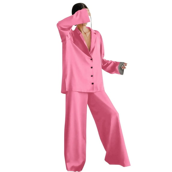 Arlun Women's Button Up Long Sleeve Pajamas Set Lapel Silk Shirts Thin Wide Leg Pants Soft Comfortable 2 Piece Pajama Set Solid Color Basic Pjs Sleepwear Loungewear Pink XL