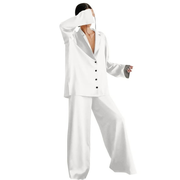 Arlun Women's Button Up Long Sleeve Pajamas Set Lapel Silk Shirts Thin Wide Leg Pants Soft Comfortable 2 Piece Pajama Set Solid Color Basic Pjs Sleepwear Loungewear White XL