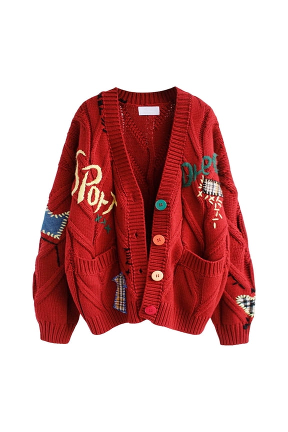 Women's Cable Knit Long Sleeve Open Front Cardigan Sheep V-Neck Button down Embroidery Wool Blend Sweater Coat Loose Soft Warm Comfortable Outwear with Pocket Red XS
