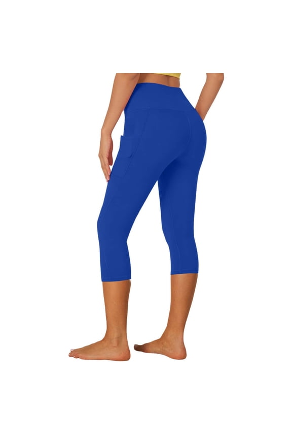 Women's Capri Yoga Pants with Pockets Stretchy High Waisted Leggings for Gym Fitness Workout Sports Lightweight Breathable Pure Color Casual Elastic Tights 1-Blue XS