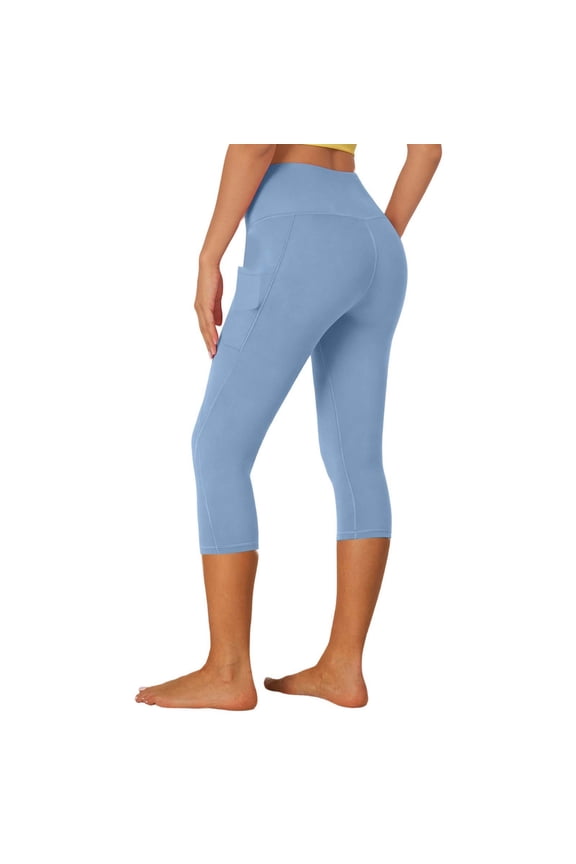 Women's Capri Yoga Pants with Pockets Stretchy High Waisted Leggings for Gym Fitness Workout Sports Lightweight Breathable Pure Color Casual Elastic Tights 1-Light Blue L