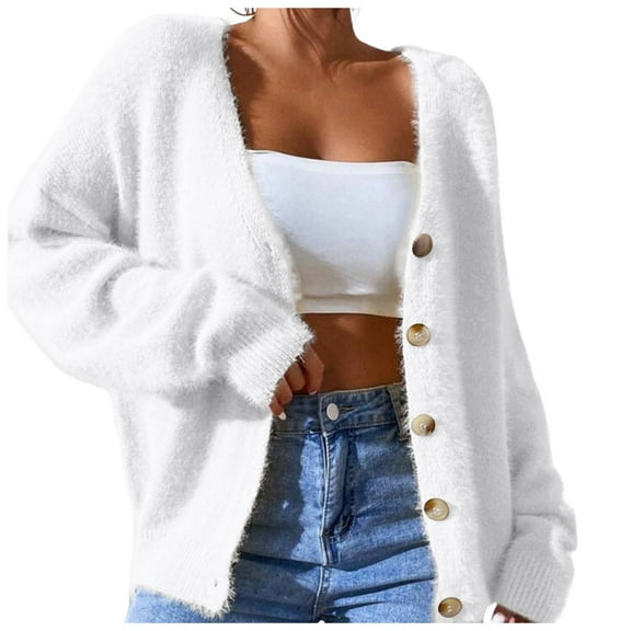 Arlun Women's Cardigan Sweaters Fuzzy Button down Long Sleeve Open Front Drop Shoulder Cardigans Outwear Soft Comfortable Lightweight Loose Basic Fall Winter Cardigans White XL