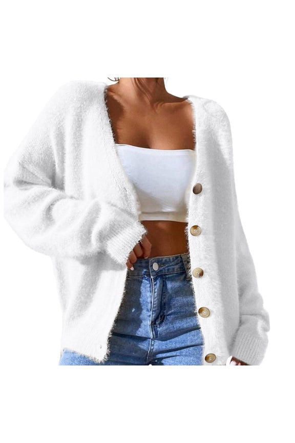 Women's Cardigan Sweaters Fuzzy Button down Long Sleeve Open Front Drop Shoulder Cardigans Outwear Soft Comfortable Lightweight Loose Basic Fall Winter Cardigans White L
