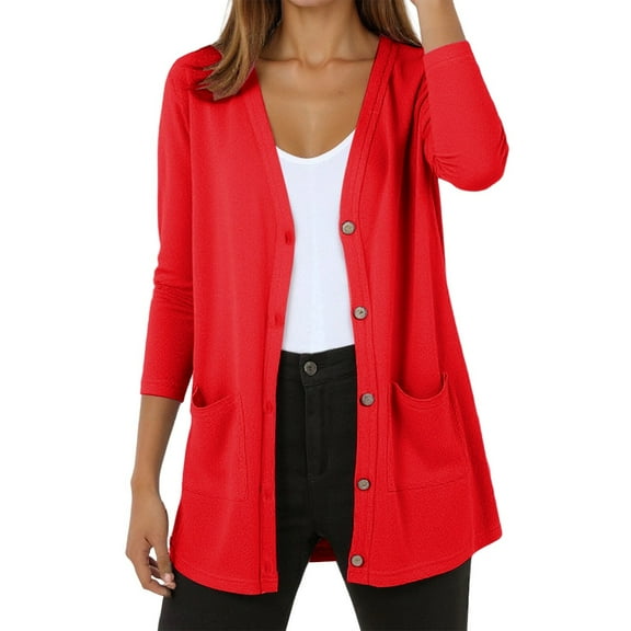 Arlun Women's Cardigan Sweaters Lightweight Long Sleeve Open Front Knitted Button down Cardigans Tops with Pockets Soft Comfort Solid Color Basic Outwear Red XXL
