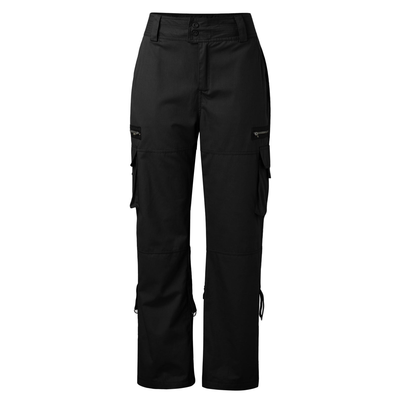 ,Women's Cargo Pants Plus Size Solid Color Wide Straight Leg Splicing Casual Trousers Ladies Double Button Closure Autumn New Pants with Many Pockets Black XXL