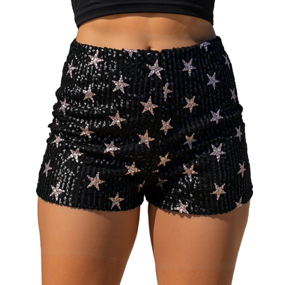 Arlun Women's Carnival Glitter Mini Shorts Star Sparkly Sequin Low Waist Hot Pants 2026 Night out Club Party Outfit Thin Breathable Comfortable Festival Shorts Black S