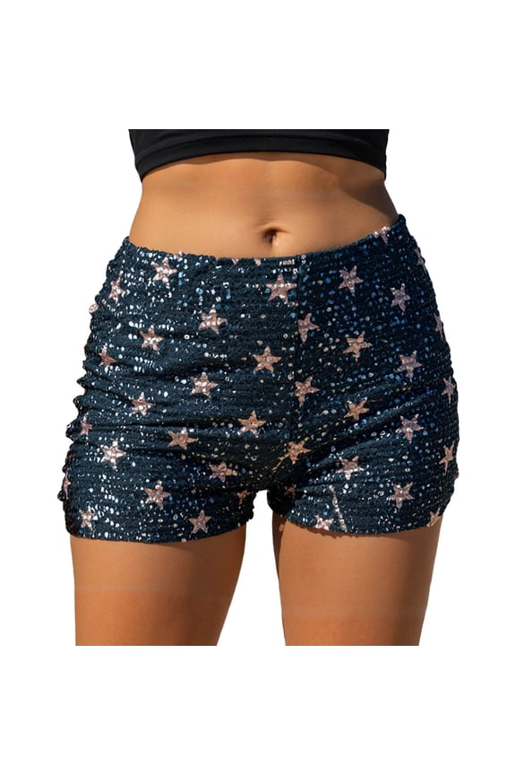 Arlun Women's Carnival Glitter Mini Shorts Star Sparkly Sequin Low Waist Hot Pants 2026 Night out Club Party Outfit Thin Breathable Comfortable Festival Shorts Blue M