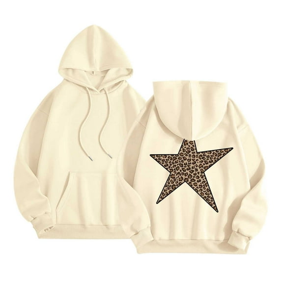 Arlun Women's Casual Hooded Sweatshirts Leopard Star Printed Streetwear Pullover Hoodies Baggy Long Sleeve Drawstring Comfortable Sweatshirts for Fall Winter Beige XXL