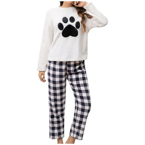 Arlun Women's Casual Nightwear Cute Pattern Pajama Sets Crewneck Long Sleeve Tshirts Plaid Long Pants Comfortable Soft Fashion Fall Winter 2 Piece Sets White XL