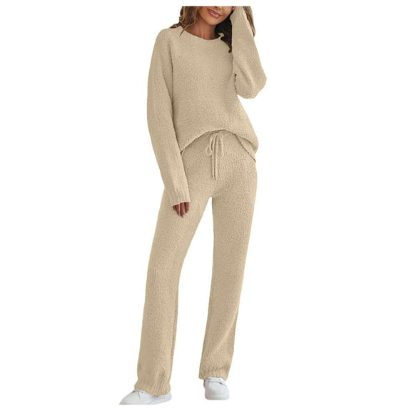 Arlun Women's Casual Pajama Sets Fuzzy Knitted Long Sleeve Crewneck Pullover Tops Loungewear Loose Wide Leg Pants Soft Comfort Basic Pjs Sets Sleepwear Khaki XS
