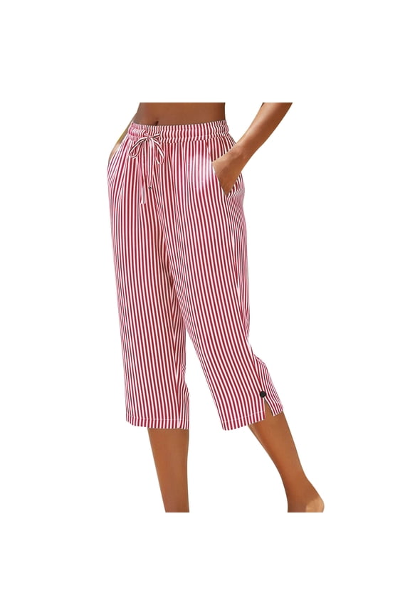 Women's Casual Summer Striped Capri Pants Side Split Button Deco Knee Length Elastic Waisted Cropped Pants with Pockets 2026 Beach Vacation Bottoms 2-Red L