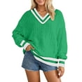 thumbnail image 1 of Arlun Women's Casual V-Neck Long Sleeve Sweaters Trendy Striped Pullover Cable Knit Preppy Color Block Drop Shoulder Relaxed Fit Cozy Sweater Tops Fashion Outfits Green XXL, 1 of 5