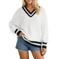thumbnail image 1 of Arlun Women's Casual V-Neck Long Sleeve Sweaters Trendy Striped Pullover Cable Knit Preppy Color Block Drop Shoulder Relaxed Fit Cozy Sweater Tops Fashion Outfits White XS, 1 of 5
