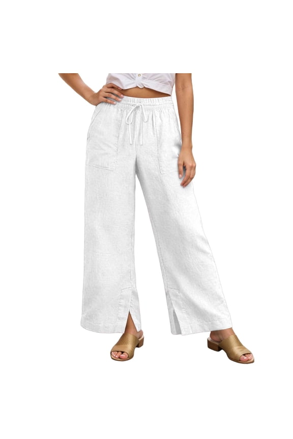 Women's Casual Wide Leg Pants with Elastic Waist and Drawstring Ties Lightweight Comfortable Solid Color Trousers Trendy Split Hem for Everyday Wear White XXL