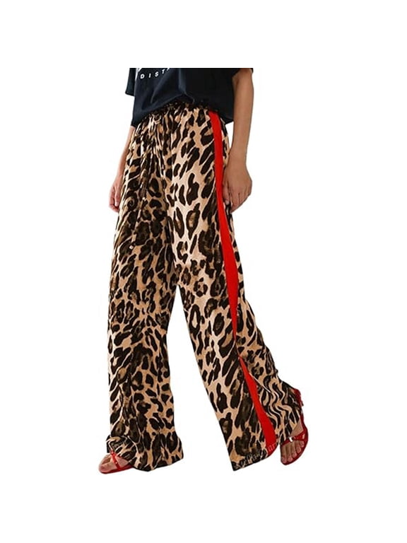 Women's Cheetah Print Wide Leg Baggy Pants Y2k Side Splicing Design Elastic Drawstring High Wais Casual Pant Loose Lightweight Comfy Streetwear Leopard Trousers Brown M