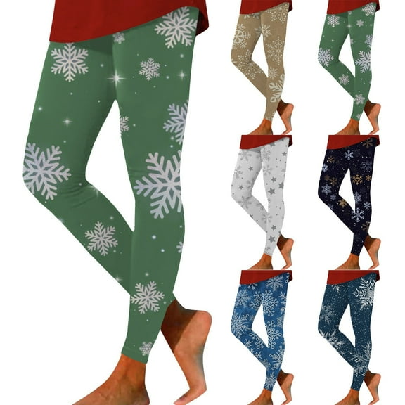 Arlun Women's Christmas Leggings Snowflake Printed Stretchy High Waisted Workout Pants Comfy Soft Tummy Control Sports Active Legging Tights Green XL