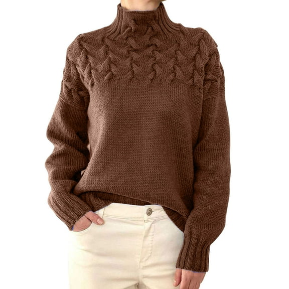 Arlun Women's Chunky Turtleneck Sweaters Casual Vintage Long Sleeve Knitted Sweater Solid Color Drop Shoulder Soft Comfortable Fall Fashion Pullover Jumper Tops Khaki L