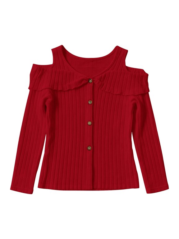 Women's Cold Shoulder Ribbed Knit Top Long Sleeve Button Front Solid Color Going out Tops Elegant Foldover Soft Cozy Ribbing Texture Stretchy Slim Casual Fall Shirts 1-Red S
