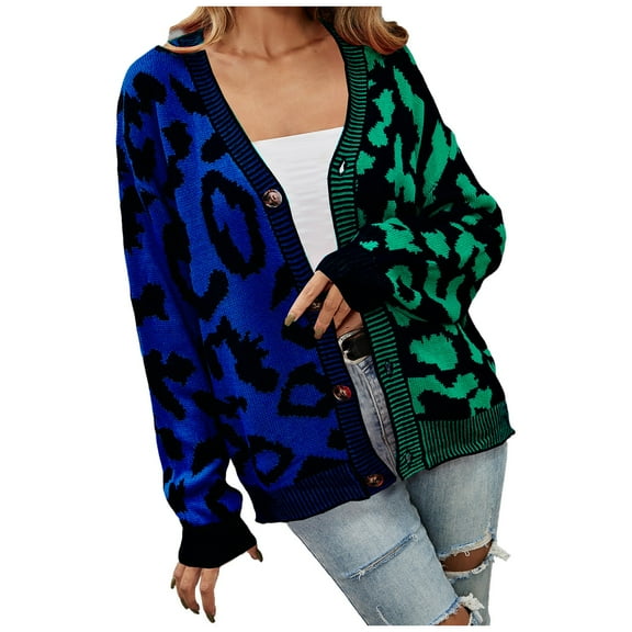 Arlun Women's Color Block Leopard Print Button down Long Sleeve Cardigan Sweaters Loose Fit Lightweight Soft Cozy Outwear 2025 Fall Winter Clothes for Women Dark Green M