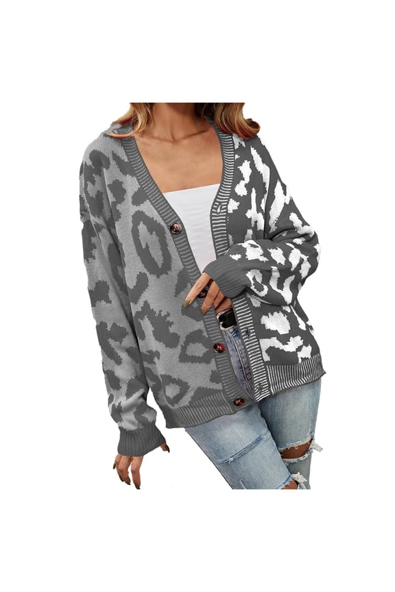 Women's Color Block Leopard Print Button down Long Sleeve Cardigan Sweaters Loose Fit Lightweight Soft Cozy Outwear 2025 Fall Winter Clothes for Women Grey XL