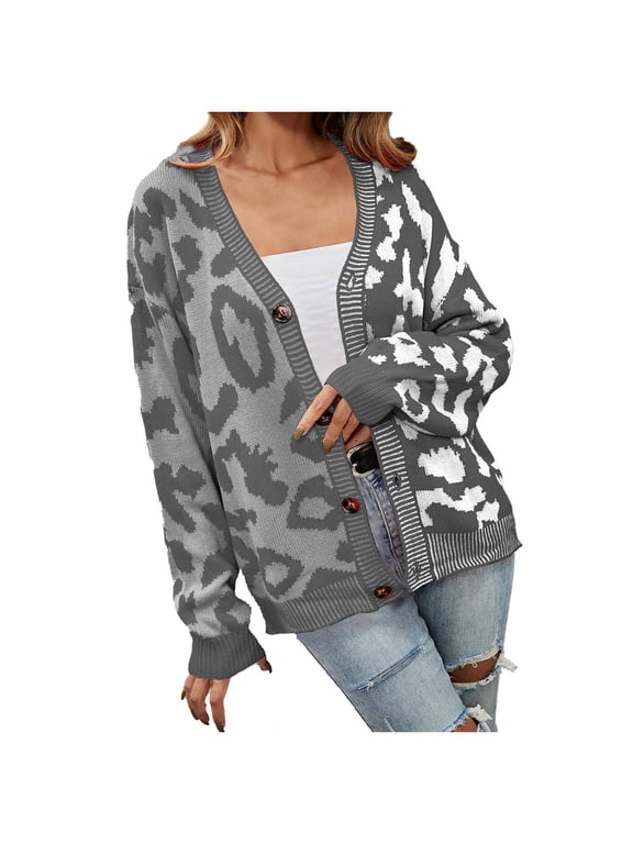 Women's Color Block Leopard Print Button down Long Sleeve Cardigan Sweaters Loose Fit Lightweight Soft Cozy Outwear 2025 Fall Winter Clothes for Women Grey XL