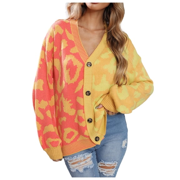 Arlun Women's Color Block Leopard Print Button down Long Sleeve Cardigan Sweaters Loose Fit Lightweight Soft Cozy Outwear 2025 Fall Winter Clothes for Women Yellow M