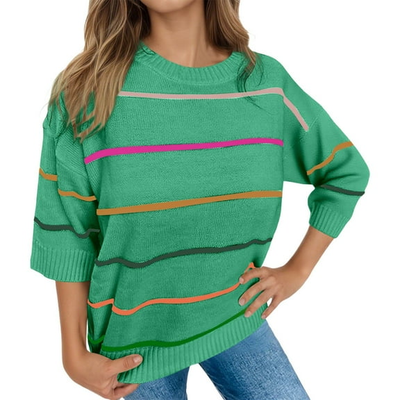 Arlun Women's Color Block Striped Sweaters Crew Neck Half Sleeve Drop Shoulder Casual Lightweight Pullover Sweater Loose Fit Comfortable Fall Fashion Knit Tops Green S
