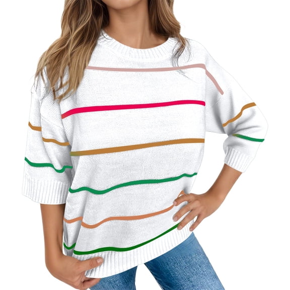 Arlun Women's Color Block Striped Sweaters Crew Neck Half Sleeve Drop Shoulder Casual Lightweight Pullover Sweater Loose Fit Comfortable Fall Fashion Knit Tops White M