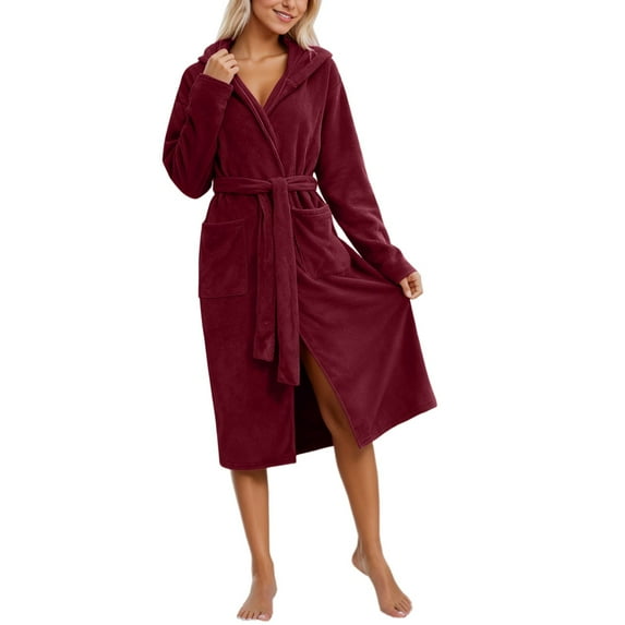 Arlun Women's Coral Hooded Sleepwear Robes Long Thick Nightgown with Pockets Comfy Soft over the Knee Length Bathrobes Fashion Solid Color Simple Stylish Loungewear One Size