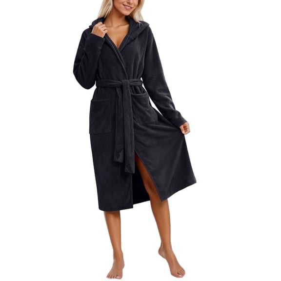 Arlun Women's Coral Hooded Sleepwear Robes Long Thick Nightgown with Pockets Comfy Soft over the Knee Length Bathrobes Fashion Solid Color Simple Stylish Loungewear Black One Size