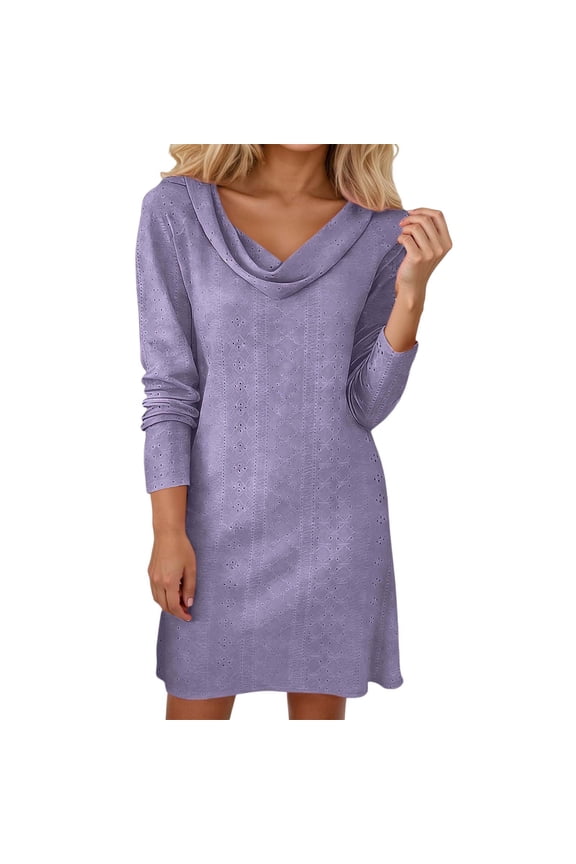 Women’s Cowl Neck Mini Dress Long Sleeve Mesh Design Party Cocktail Dresses Lightweight Breathable Solid Color Frock Spring 2026 Spring Summer Outfits Purple S
