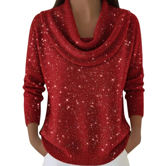 Arlun Women's Cowl Neck Sparkly Sequin Sweaters Casual Lightweight Solid Color Long Sleeve Knit Pullover Jumper Tops 2026 Fall Winter Soft Comfortable Outfits Red L