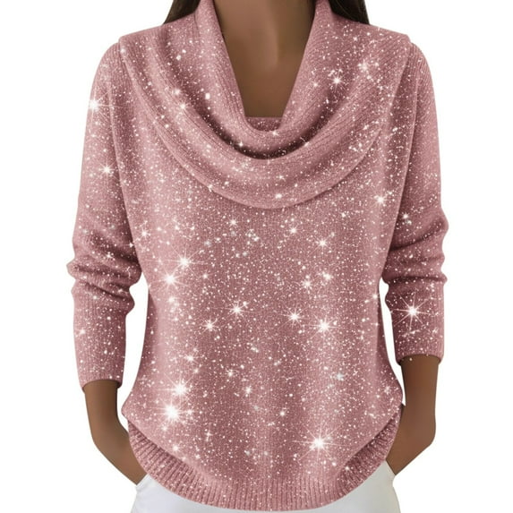 Arlun Women's Cowl Neck Sparkly Sequin Sweaters Casual Lightweight Solid Color Long Sleeve Knit Pullover Jumper Tops 2026 Fall Winter Soft Comfortable Outfits Pink XL