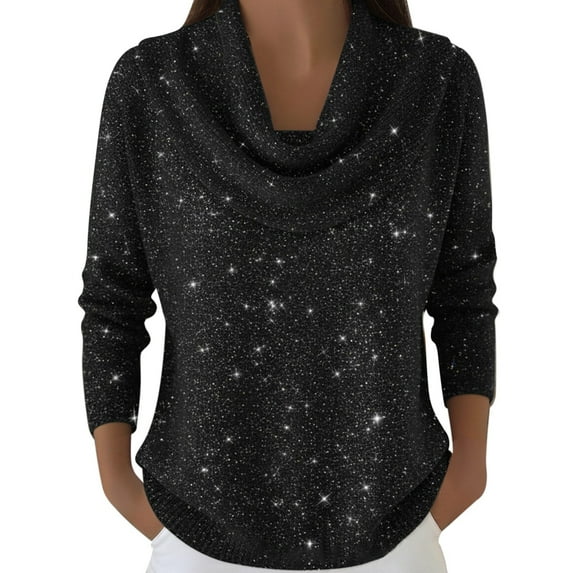 Arlun Women's Cowl Neck Sparkly Sequin Sweaters Casual Lightweight Solid Color Long Sleeve Knit Pullover Jumper Tops 2026 Fall Winter Soft Comfortable Outfits Black M