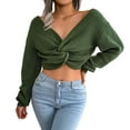 thumbnail image 1 of Arlun Women's Cropped Wrap Sweaters V-Neck Long Sleeve Cross Front Knitted Sweaters Solid Color Casual Loose Fit Knit Basic Pullover Tops Green S, 1 of 7