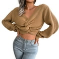 thumbnail image 1 of Arlun Women's Cropped Wrap Sweaters V-Neck Long Sleeve Cross Front Knitted Sweaters Solid Color Casual Loose Fit Knit Basic Pullover Tops Khaki M, 1 of 7