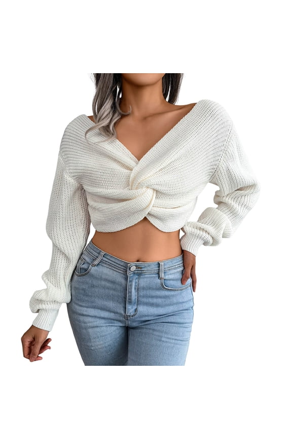 Women's Cropped Wrap Sweaters V-Neck Long Sleeve Cross Front Knitted Sweaters Solid Color Casual Loose Fit Knit Basic Pullover Tops White M