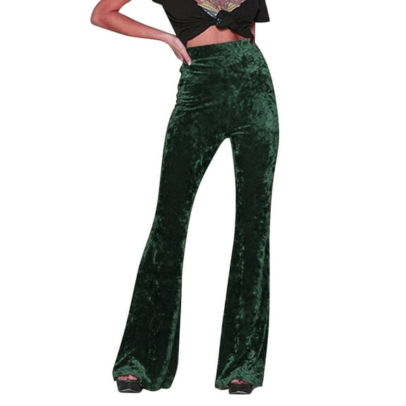 Arlun,Women's Crushed Velvet Straight Wide Leg Pants Flare High Waisted Palazzo Bell Bottom Plus Size Stretch Yoga Streetwear Trousers Green S