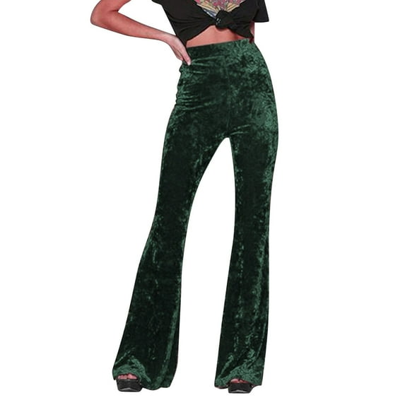 Arlun,Women's Crushed Velvet Straight Wide Leg Pants Flare High Waisted Palazzo Bell Bottom Plus Size Stretch Yoga Streetwear Trousers Green XL