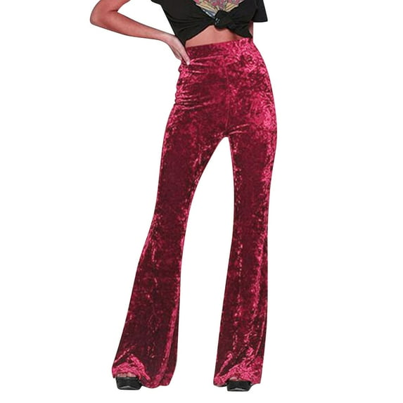 Arlun,Women's Crushed Velvet Straight Wide Leg Pants Flare High Waisted Palazzo Bell Bottom Plus Size Stretch Yoga Streetwear Trousers Red XL