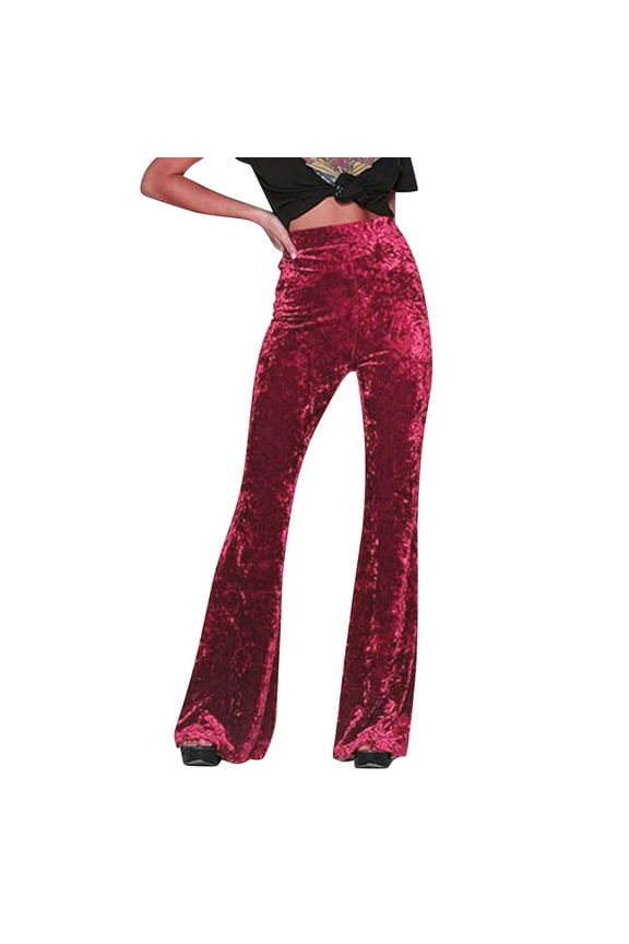 ,Women's Crushed Velvet Straight Wide Leg Pants Flare High Waisted Palazzo Bell Bottom Plus Size Stretch Yoga Streetwear Trousers Red XXL