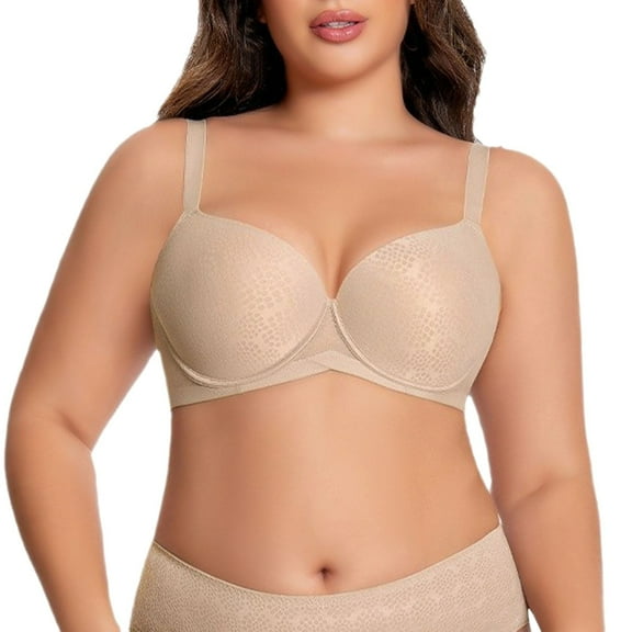 Arlun,Women's Deep V Full Coverage Bras Plus Size Lightly Lined Underwire Support and Lift Soft Comfortable Breathable Full Figure Bra Beige B