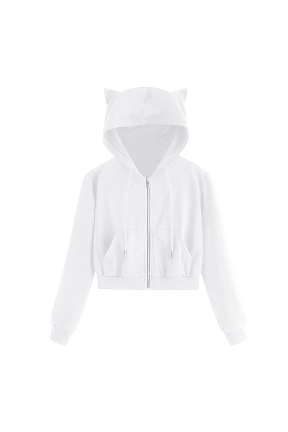 Women's Drawstring Cropped Hoodies Cute Zip up Cat Ears Hooded Sweatshirts Teen Girls Long Sleeve Comfortable Plain Basic Workout Crop Full Zipper Tops White XL