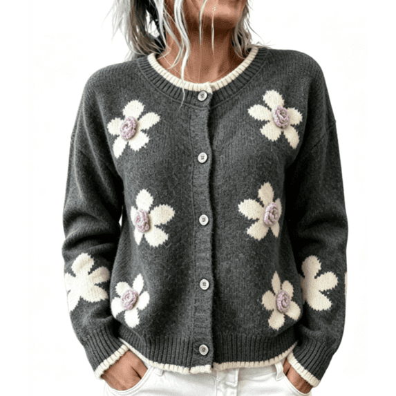 Arlun Women's Elegant 3D Floral Cardigan Sweaters Fall Winter Long Sleeve Crewneck Knitted Sweater Outerwear Ladies Casual Loose Fit Soft Warm Button Open Front Cardigans 1-Grey L