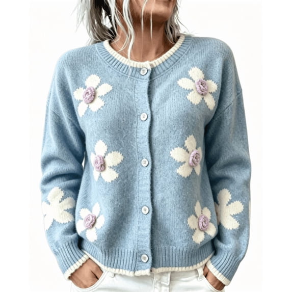 Arlun Women's Elegant 3D Floral Cardigan Sweaters Fall Winter Long Sleeve Crewneck Knitted Sweater Outerwear Ladies Casual Loose Fit Soft Warm Button Open Front Cardigans 1-Blue S
