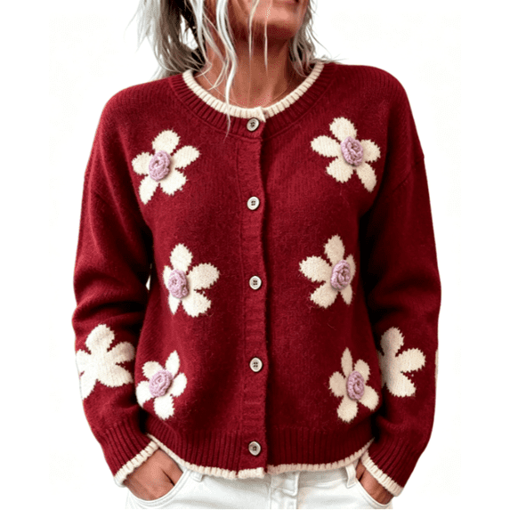 Arlun Women's Elegant 3D Floral Cardigan Sweaters Fall Winter Long Sleeve Crewneck Knitted Sweater Outerwear Ladies Casual Loose Fit Soft Warm Button Open Front Cardigans 1-Red M