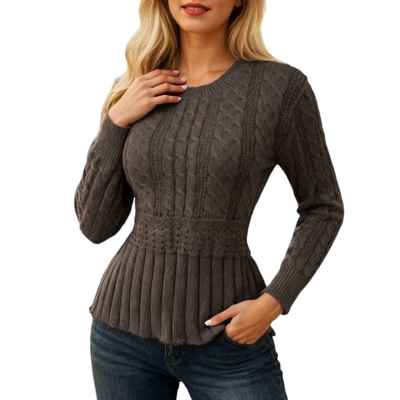 Arlun Women's Elegant Knit Sweaters Crew Neck Long Sleeve Pullover Top Trendy Stretch Tapered Waist Flared Hem Tunic Tops Coffee M