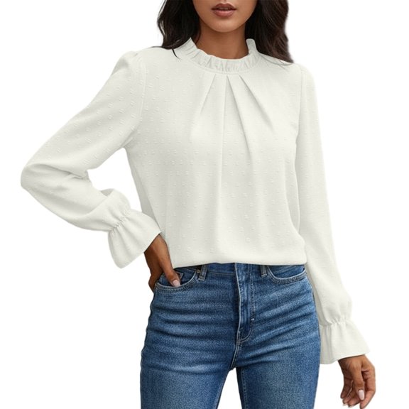 Arlun,Women's Elegant Swiss Dot T Shirts Ruffle Long Sleeve Pleated Crewneck Tshirts Plus Size Business Casual Loose Fit Comfortable Solid Color Thin Tops White L