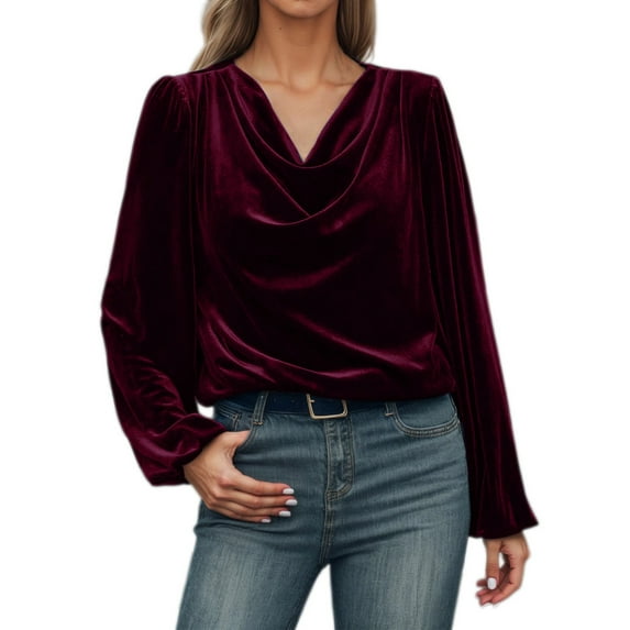 Arlun,Women's Elegant Velvet T Shirts Casual Cowl Neck Long Sleeve Solid Color Tshirts Dressy Business Casual Solid Color Loose Fit Comfortable Ruched Oversized Work Tops XXL